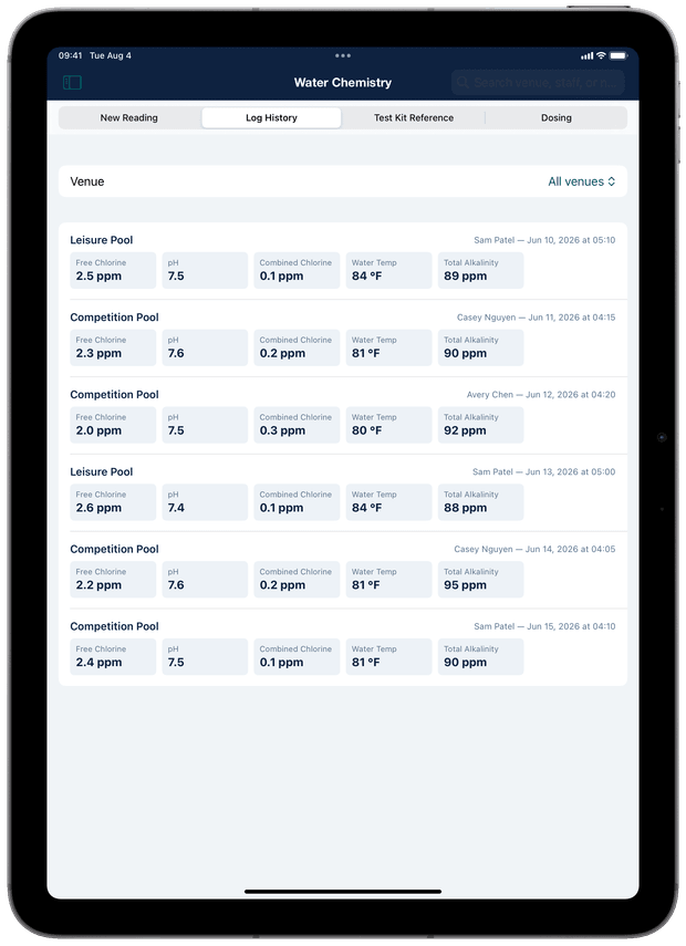 The water chemistry log open on an iPad